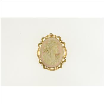 10K Ornate Pearl Carved Coral Lady Cameo Yellow Gold Pin/Brooch