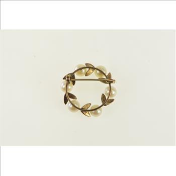 10K Ornate Pearl Leaf Vine Round Circle Yellow Gold Pendant