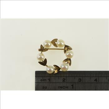 10K Ornate Pearl Leaf Vine Round Circle Yellow Gold Pendant