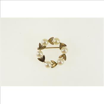 10K Ornate Pearl Leaf Vine Round Circle Yellow Gold Pendant