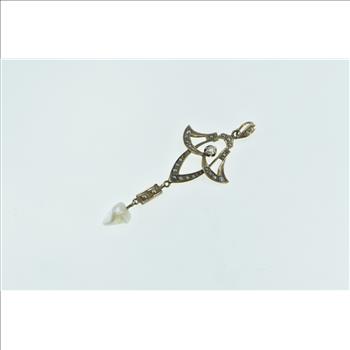 10K Ornate Victorian Seed Pearl Drop Floral Yellow Gold Pendant
