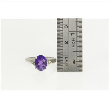 10K Oval Amethyst Diamond Cluster Accent White Gold Ring, Size 7