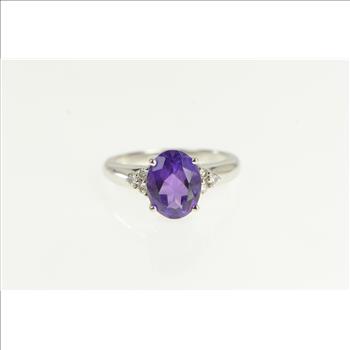 10K Oval Amethyst Diamond Cluster Accent White Gold Ring, Size 7