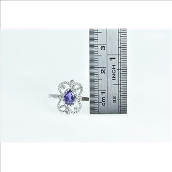 10K Oval Amethyst Filigree Ornate Rope White Gold Ring, Size 5.75