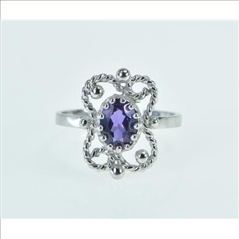 10K Oval Amethyst Filigree Ornate Rope White Gold Ring, Size 5.75