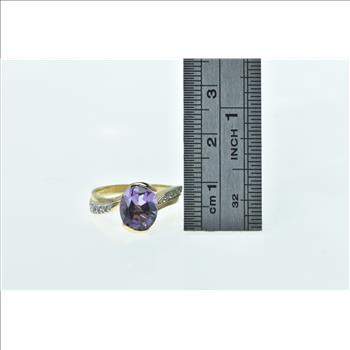 10K Oval Amethyst Wavy Diamond Freeform Yellow Gold Ring, Size 7