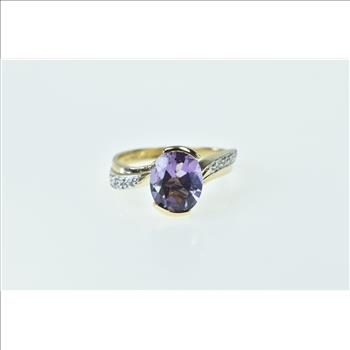 10K Oval Amethyst Wavy Diamond Freeform Yellow Gold Ring, Size 7