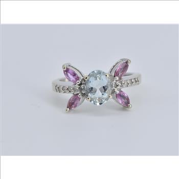 10K Oval Aquamarine Marquise Ruby Diamond White Gold Ring, Size 7