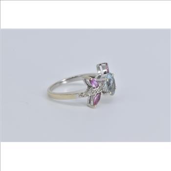 10K Oval Aquamarine Marquise Ruby Diamond White Gold Ring, Size 7