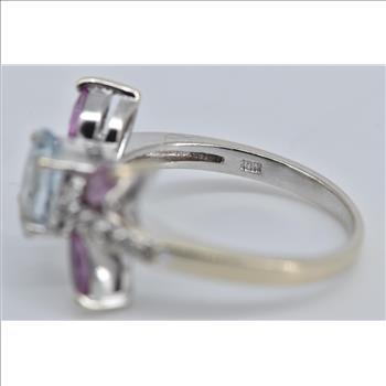 10K Oval Aquamarine Marquise Ruby Diamond White Gold Ring, Size 7