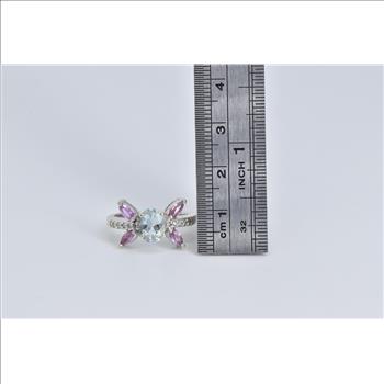 10K Oval Aquamarine Marquise Ruby Diamond White Gold Ring, Size 7