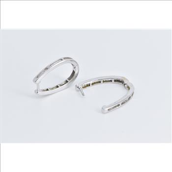 10K Oval Baguette Diamond Hoop 22.6mm White Gold Earrings
