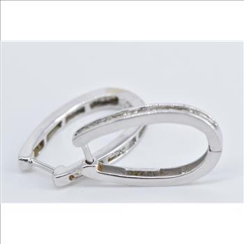 10K Oval Baguette Diamond Hoop 22.6mm White Gold Earrings
