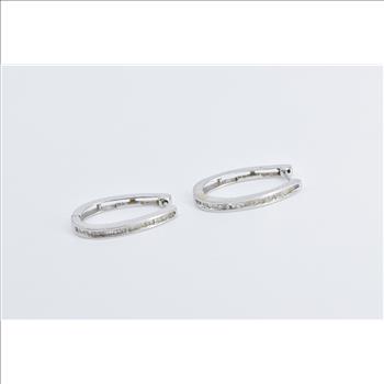 10K Oval Baguette Diamond Hoop 22.6mm White Gold Earrings