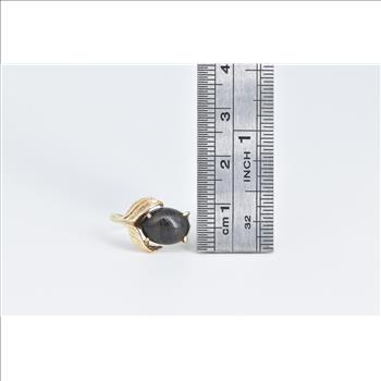 10K Oval Black Petrified Wood Leaf Vintage Yellow Gold Ring, Size 4.75
