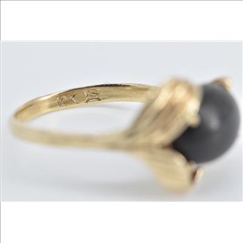 10K Oval Black Petrified Wood Leaf Vintage Yellow Gold Ring, Size 4.75