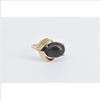 10K Oval Black Petrified Wood Leaf Vintage Yellow Gold Ring, Size 4.75