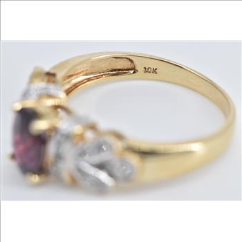 10K Oval Faceted Garnet Diamond Ornate Statement Yellow Gold Ring, Size 8.25