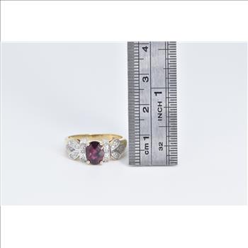10K Oval Faceted Garnet Diamond Ornate Statement Yellow Gold Ring, Size 8.25