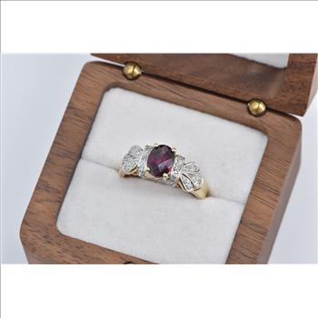 10K Oval Faceted Garnet Diamond Ornate Statement Yellow Gold Ring, Size 8.25