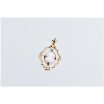10K Oval Pink Coral Carved Cameo Lady Ornate Yellow Gold Pendant