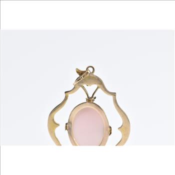 10K Oval Pink Coral Carved Cameo Lady Ornate Yellow Gold Pendant