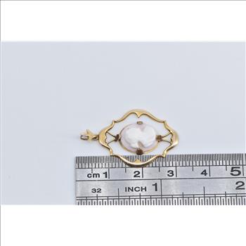 10K Oval Pink Coral Carved Cameo Lady Ornate Yellow Gold Pendant