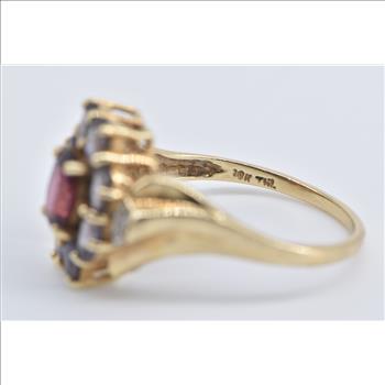 10K Oval Pink Tourmaline Amethyst Halo Diamond Yellow Gold Ring, Size 9