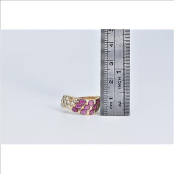 10K Oval Ruby Layered Wavy White Sapphire Band Yellow Gold Ring, Size 8.75