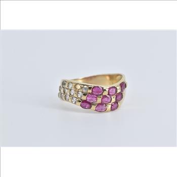 10K Oval Ruby Layered Wavy White Sapphire Band Yellow Gold Ring, Size 8.75