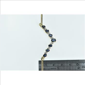 10K Oval Sapphire Diamond Vintage Chevron Yellow Gold Necklace 17.75