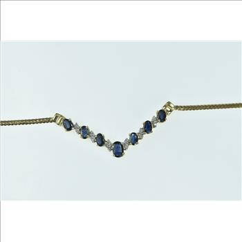 10K Oval Sapphire Diamond Vintage Chevron Yellow Gold Necklace 17.75