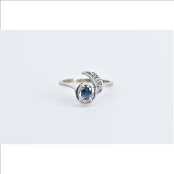 10K Oval Sapphire Diamond Wavy Engagement White Gold Ring, Size 4.75