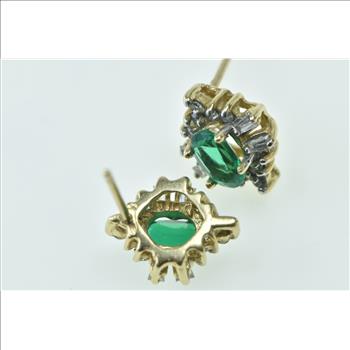 10K Oval Syn. Emerald Diamond Halo Statement Stud Yellow Gold Earrings