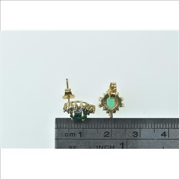 10K Oval Syn. Emerald Diamond Halo Statement Stud Yellow Gold Earrings