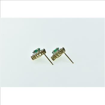 10K Oval Syn. Emerald Diamond Halo Statement Stud Yellow Gold Earrings