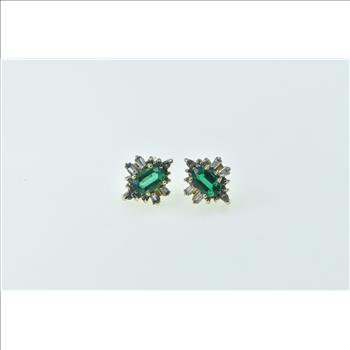 10K Oval Syn. Emerald Diamond Halo Statement Stud Yellow Gold Earrings