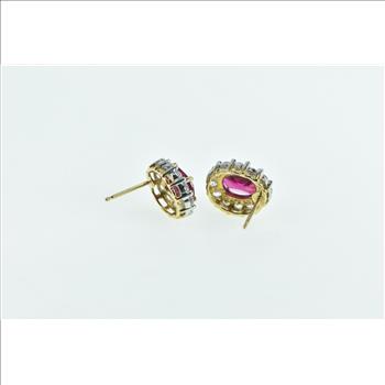 10K Oval Syn. Ruby White Sapphire Halo Vintage Stud Yellow Gold Earrings