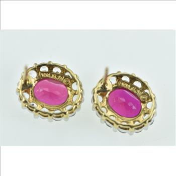 10K Oval Syn. Ruby White Sapphire Halo Vintage Stud Yellow Gold Earrings