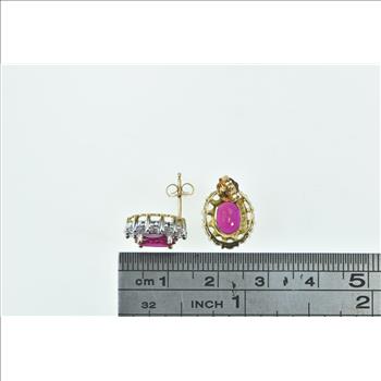 10K Oval Syn. Ruby White Sapphire Halo Vintage Stud Yellow Gold Earrings