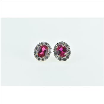10K Oval Syn. Ruby White Sapphire Halo Vintage Stud Yellow Gold Earrings