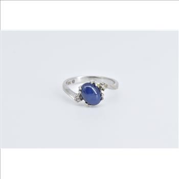 10K Oval Syn. Star Sapphire Vintage Bypass White Gold Ring, Size 4.75