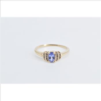 10K Oval Tanzanite Diamond Classic Statement Yellow Gold Ring, Size 8