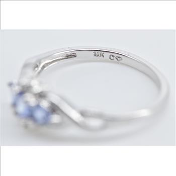 10K Oval Tanzanite Diamond Three Stone Fashion White Gold Ring, Size 7.25