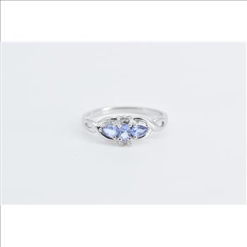 10K Oval Tanzanite Diamond Three Stone Fashion White Gold Ring, Size 7.25