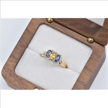 10K Oval Yellow Sapphire Tanzanite Diamond Halo Yellow Gold Ring, Size 6