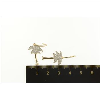 10K Pave Diamond Palm Tree Tropical Dangle Yellow Gold Earrings