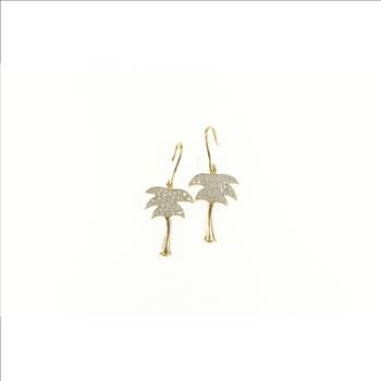 10K Pave Diamond Palm Tree Tropical Dangle Yellow Gold Earrings