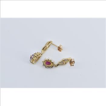 10K Pear Ruby Diamond Halo Dangle Fashion Yellow Gold Earrings