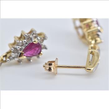 10K Pear Ruby Diamond Halo Dangle Fashion Yellow Gold Earrings